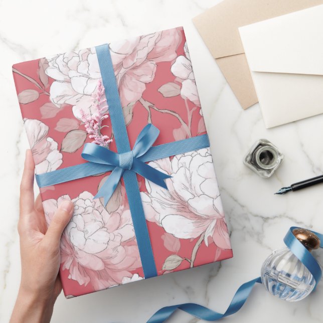 Handritat Rosa Ros Vit Blommönster Presentpapper (Gifting)