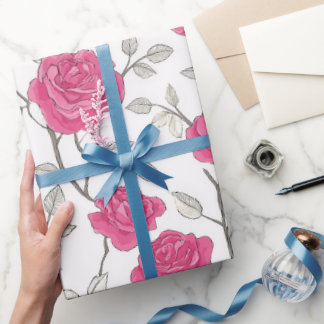 Handritat Rosa Ros Vit Blommönster Presentpapper