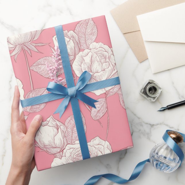 Handritat Rosa Ros Vit Blommönster Presentpapper (Gifting)