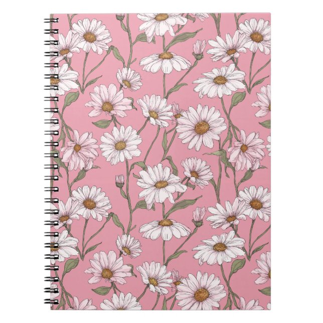 Handritat Rosa Tusenskönas Vitt Blommönster Anteckningsbok (Framsidan)