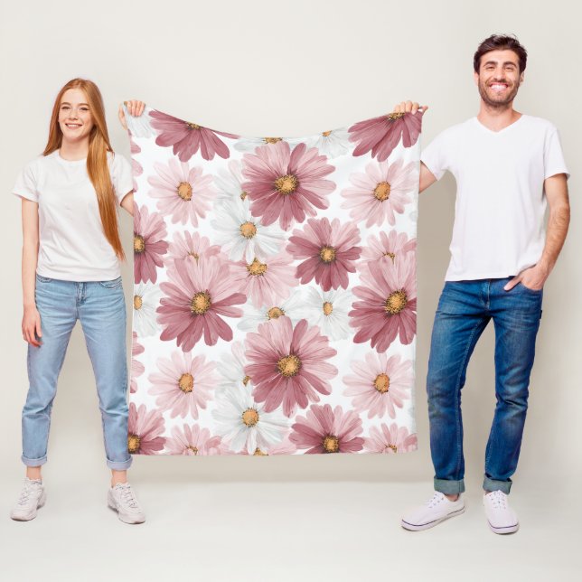 Handritat Rosa Tusenskönas Vitt Blommönster Fleecefilt (På plats)