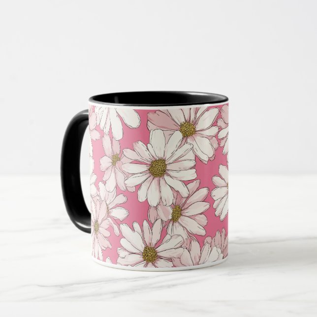 Handritat Rosa Tusenskönas Vitt Blommönster Mugg (Framsida vänster)