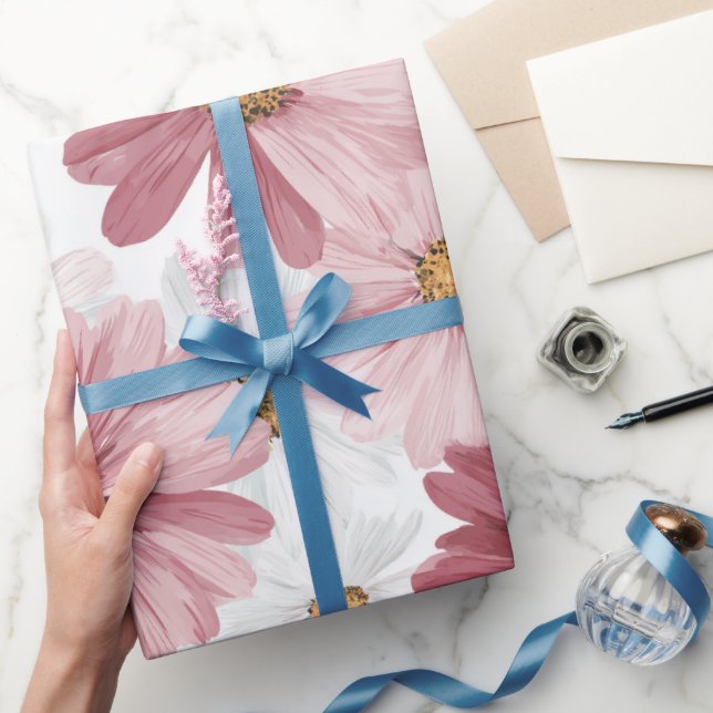 Handritat Rosa Tusenskönas Vitt Blommönster Presentpapper (Gifting)