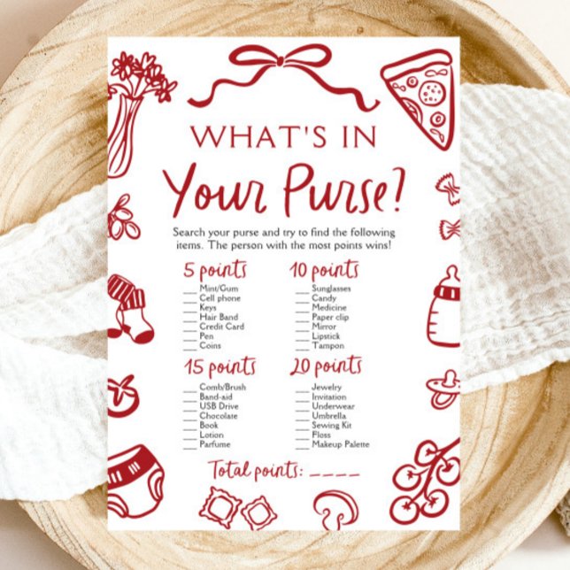 Handritat Vad Har Du I Din Handväska Bebis Shower  Inbjudningar (Hand Drawn What's In Your Purse Baby Shower Game)