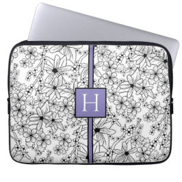 Handritat vitt blommönster lila monogram laptop fodral