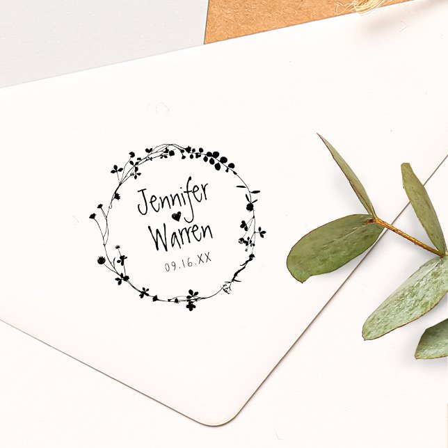 Handriten blomsterkrans personlig vigsel stämpel (Hand Drawn Wildflower Wreath Personalized Wedding Rubber Stamp)