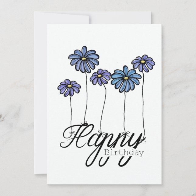 Handritet födelsedagskort med blå blomsterballonge kort (Framsida)
