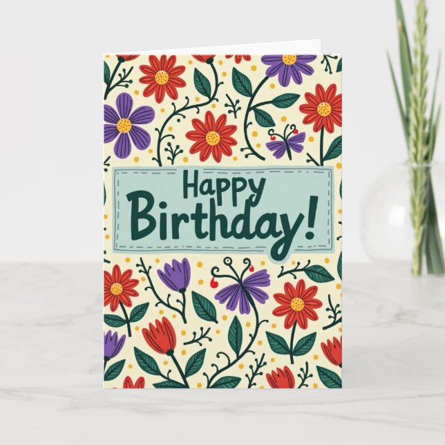 Handritet födelsedagskort med blommande motiv kort (Framsida)
