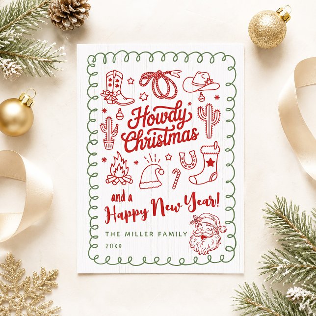 Handritet Klotter Western Howdy Julkort Inbjudningar (Hand Drawn Doodle Western Howdy Christmas Card)