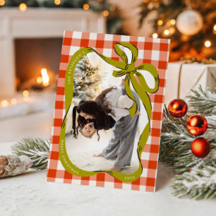 Handritet rött & grönt familjefoto julkort