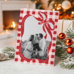 Handritet rött & rosa familjefoto julkort