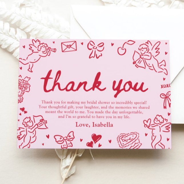 Handritet tackkort för bröllopsdusch på Alla hjärt Inbjudningar (Hand Drawn Valentine Bridal Shower Thank You Card)