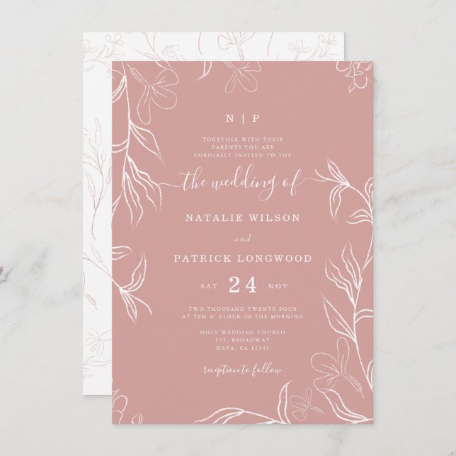 Handsketad fintvätt Blommigt Dusty Ro Bröllop Inbjudningar (Fram/baksida)
