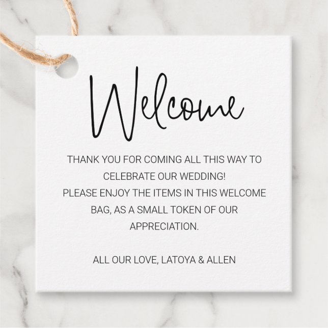 Handskrift Bröllop Välkommen Gift Bag Basket Gåvor Etiketter (Framsida)