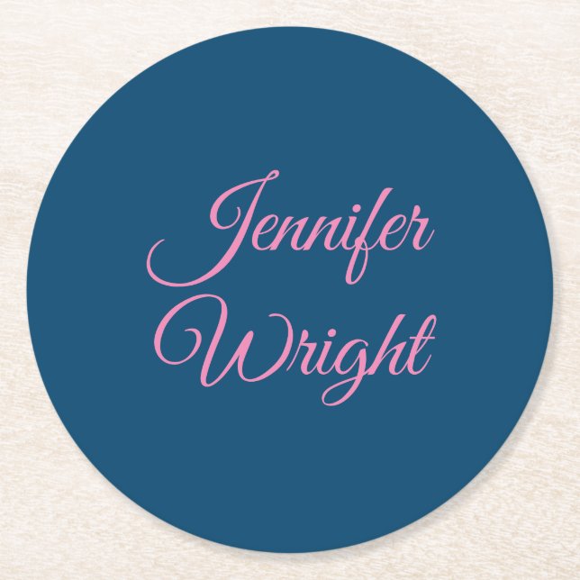 Handskrift Namn Classic Plain Indigo Blue Rosa Underlägg Papper Rund (Framsidan)