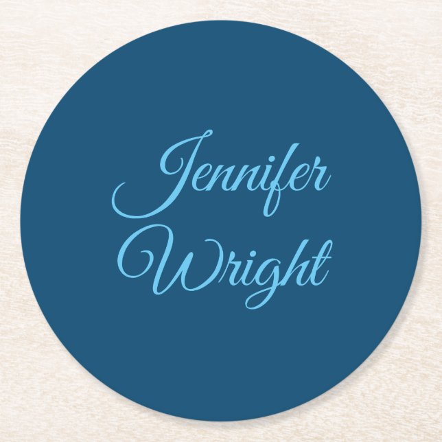 Handskrift Namn Classic Plain Indigo Blue Underlägg Papper Rund (Framsidan)