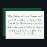 Handskrift Stil White och Forest Grönt Bröllop Inbjudningar<br><div class="desc">Uppgifterna om bröllop finns i en handskriven text om grönten av stil,  skogarna. Baksidan av inbjudan är en solid grönt med vit text för datumet.</div>