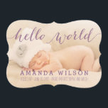 Handskriftlig Modern Baby Birth-meddelande Meddelande<br><div class="desc">Handskrivet Modern Baby Birth-annons-kort | Plum Lila Glitter Script. Elke Clarke Design ©. Mer stilar finns i vår butik. Glitter-typografi (tryckt fotoeffekt) täcker över ordens "hej värld" i ett handskriftsteckensnitt. Elegant och mångsidig design som du kan anpassa för både ett flicka och ett pojke nyfödd bebis-meddelande. Den utskrivna fotoeffekten av...</div>