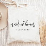 Handskriftsskript för personlig Maid of honor Tygkasse<br><div class="desc">Den här enkla eleganten till väskan innehåller ord "maid of honor" i handskriftsskript för kol-grått. Anpassa det med namn i sans serif-teckensnitt. Gör en perfekt till en gåva.</div>