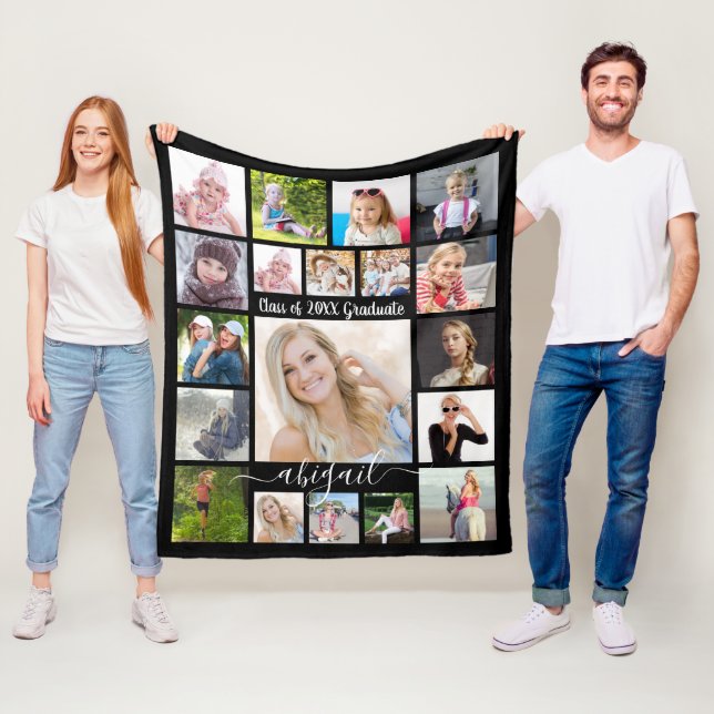 Handskript 19 Photo Collage Student Black Fleecefilt (På plats)