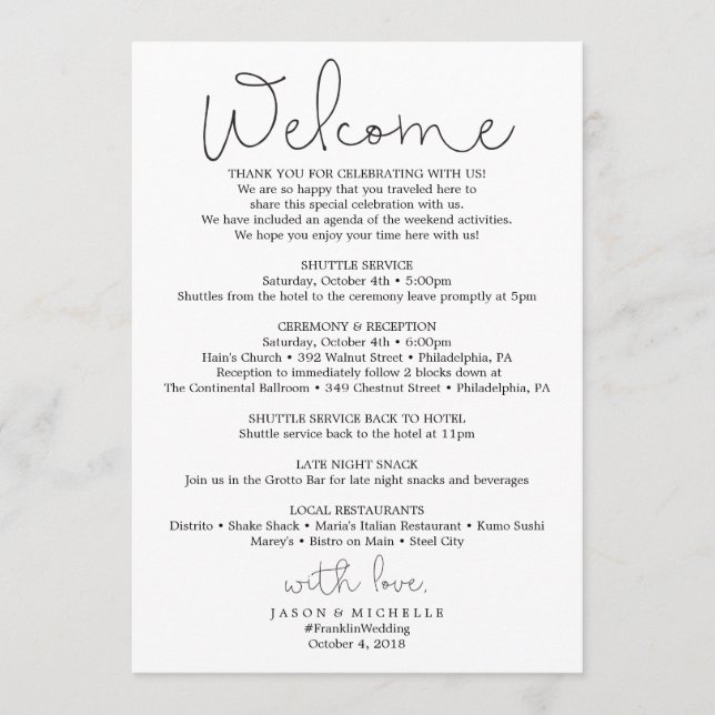 Handskript Bröllop Itinerary - Bröllop Welcome Program (Framsida)