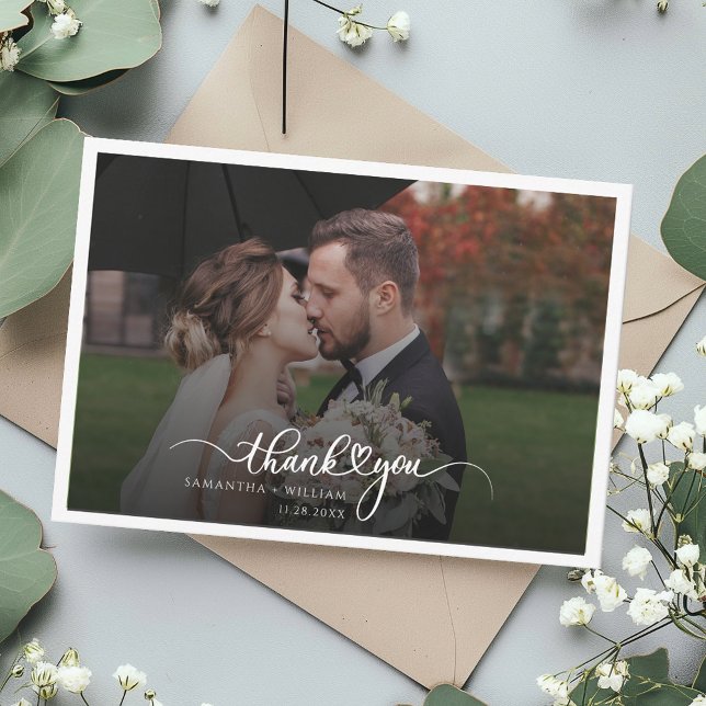 Handskript för Elegant av foto i bröllop Tack Kort (Elegant Script Photo Newlyweds Wedding Thank You Card)