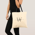 Handskript för snyggt Grått Monogram Namn Tygkasse<br><div class="desc">Girly Snyggt Modern Grått och Black Monogram Initial Namn Namnteckning Handbok för Anpassningsbar av skript-Personlig och Tote Bag. Denna design med första namn i en söt-handskriven stil-dekorerad typpografi av svan (eller kalligrafi) med monogram initialt i svart och grått på naturkräm vitt. Enkel att anpassa den. Underbar för helgdag, födelsedag, jul,...</div>
