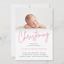 Handskript Rosa Christening Baptism Photo Inbjudningar