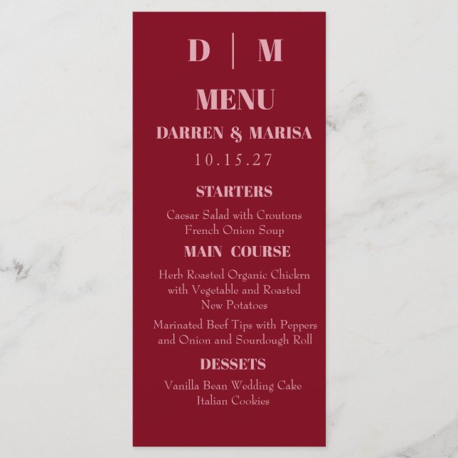 Handskript Rosa & Red Personligt bröllp Meny (Framsida)
