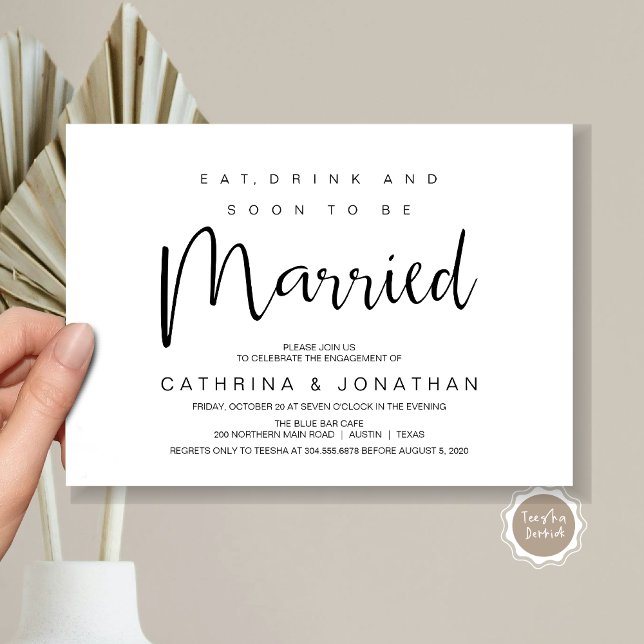 Handskript, svart skript, Förlovningsfest Inbjudningar (Modern Script, Engagement Dinner Party Invitation Card, Eat, Drink, Soon To Be Married, Black White)