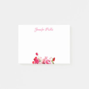 Handskript Text Watercolor Rosa Röd ros Blommigt Post-it Block