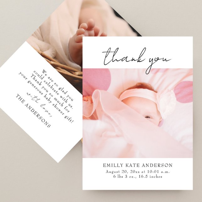 Handskriven 2 foton Babykläder för modern Elegant Tack Kort (Modern Elegant Handwritten 2 Photos Baby Shower Thank You Card)