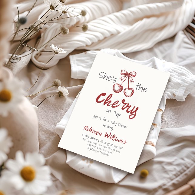 Handskriven Cherry på Top Bow Girl Shower Inbjudningar (Skapare uppladdad)