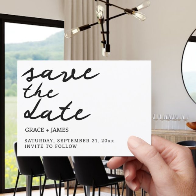 Handskriven enkel minimalistisk typografi i Bröllo Spara Datumet (Handwritten Simple Minimalist Typography Wedding Save The Dates from Ricaso. Modern black & white)