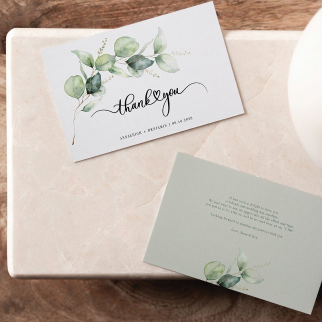 Handskriven eukalyptus Bröllop Tack Anteckningskort (Eucalyptus Botanical Script Wedding Thank You Note Card)