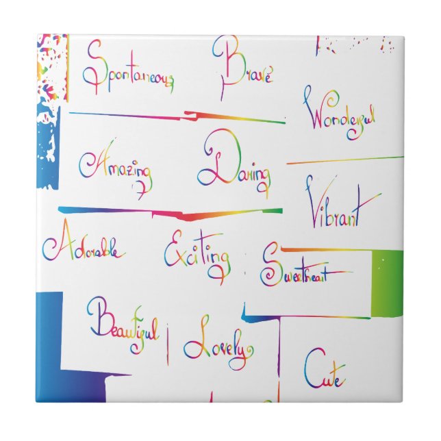 Handskriven färgstark positiv inspirerande ord kakelplatta (Framsidan)