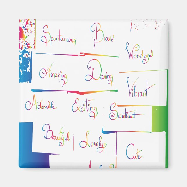 Handskriven färgstark positiv inspirerande ord magnet (Framsidan)