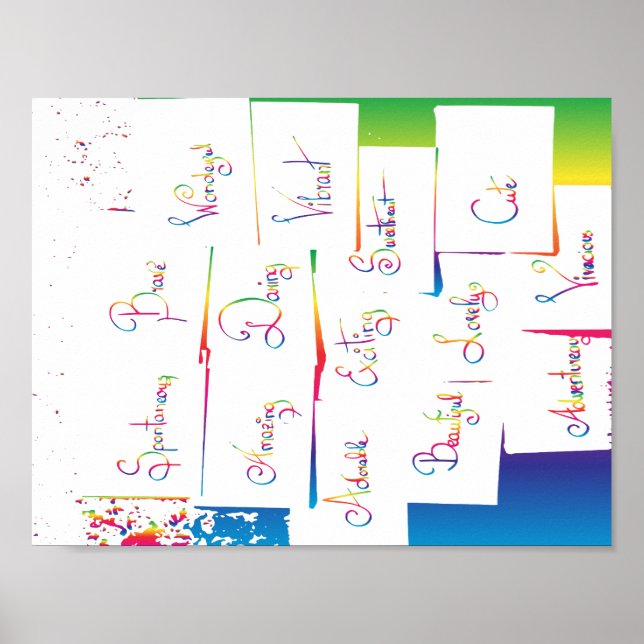 Handskriven färgstark positiv inspirerande ord poster (Framsidan)