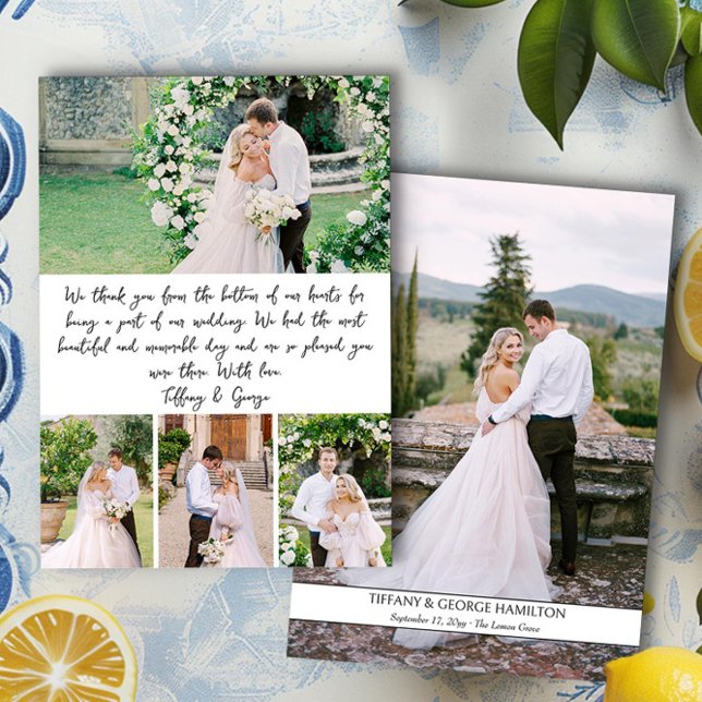 Handskriven fotokollage Bröllop Tack Kort (Handwritten photo collage wedding thank you card by Darling & May)