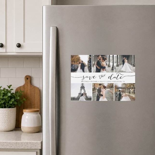 Handskriven fotokollage Spara datumet (Elegant white six photo save the date magnet featuring romantic handwritten script typography )