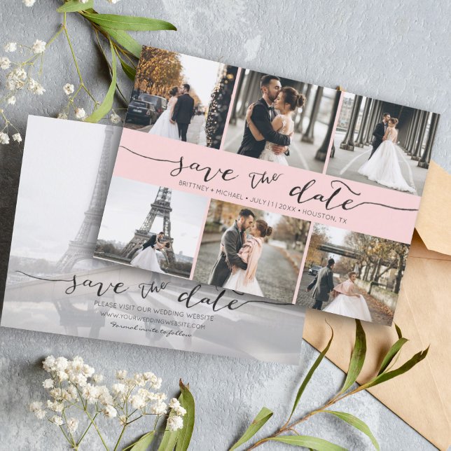 Handskriven fotokollage Spara datumRosan Spara Datumet (Modern Save the Date card featuring 6 photos and a hand lettered font for a minimalistic design.)