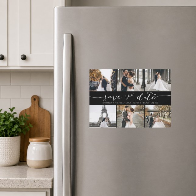 Handskriven fotosammanställning Spara datum Svart (Chic black six photo save the date magnet featuring elegant handwritten script typography )