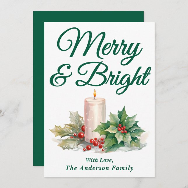 Handskriven grönt-skriptmeri och ljus julkort (Fram/baksida)