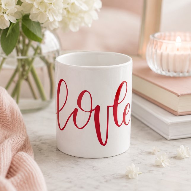 Handskriven Heart Kärlek Kaffemugg (Start your morning with a sweet reminder with this romantic red Love script coffee mug design,)
