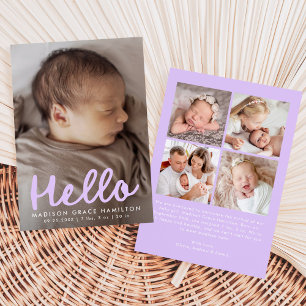 Handskriven Hello Lavender Foto Collage Födelse Meddelande