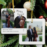 Handskriven merry och engagerad arch-foto julgransprydnad keramik<br><div class="desc">Märk och engagerad julprydnad med bågformade foton på framsidan och ett fyrkantigt foto på baksidan. Merry & Engaged är skriven i handskriven typografi och du kan fortsätta personligen med namn,  anpassningsbar som First/Last jul Engaged eller dina efternamn och årtalet.</div>