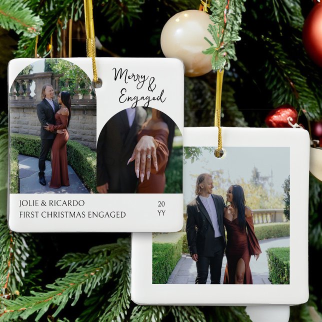 Handskriven merry och engagerad arch-foto julgransprydnad keramik (Merry & Engaged Photo Christmas Ornament by Darling & May)