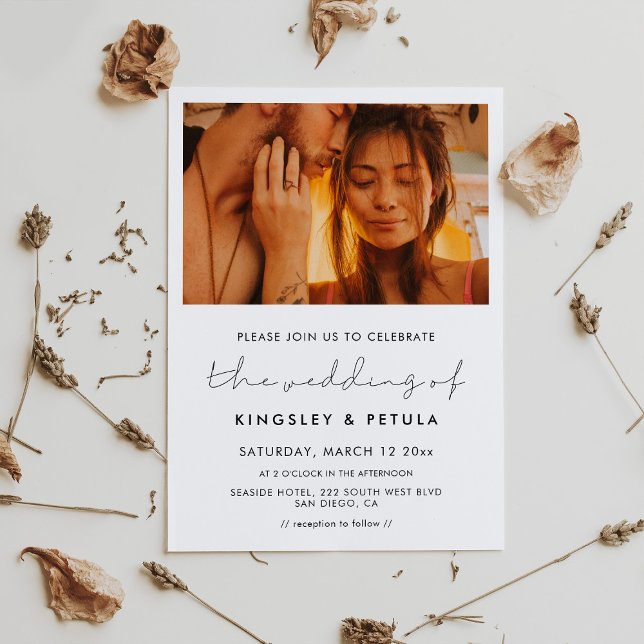 Handskriven minimalistisk bild av bröllop inbjudningar (Handwritten minimalist wedding photo invitation)
