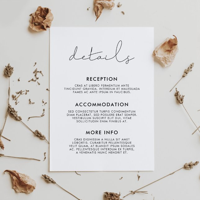 Handskriven minimalistisk information för bröllops tilläggskort (Handwritten minimalist wedding guest information enclosure card)