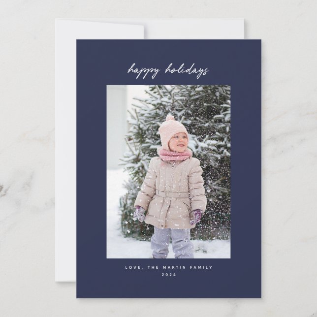 Handskriven minimalistisk marinblå julfotokort julkort (Framsida)